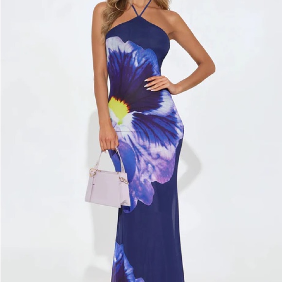 Navy Floral Halter Maxi Dress - Blue/Purple